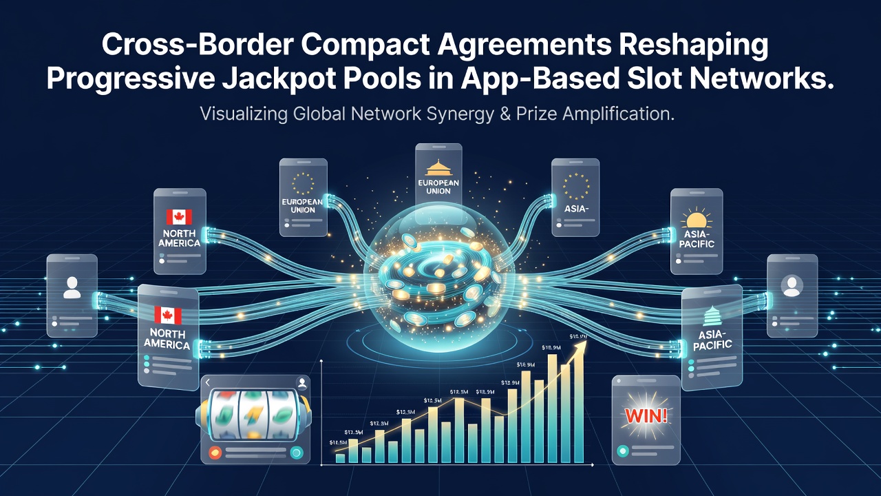 Network diagram depicting progressive jackpot distribution across multiple app platforms and jurisdictions