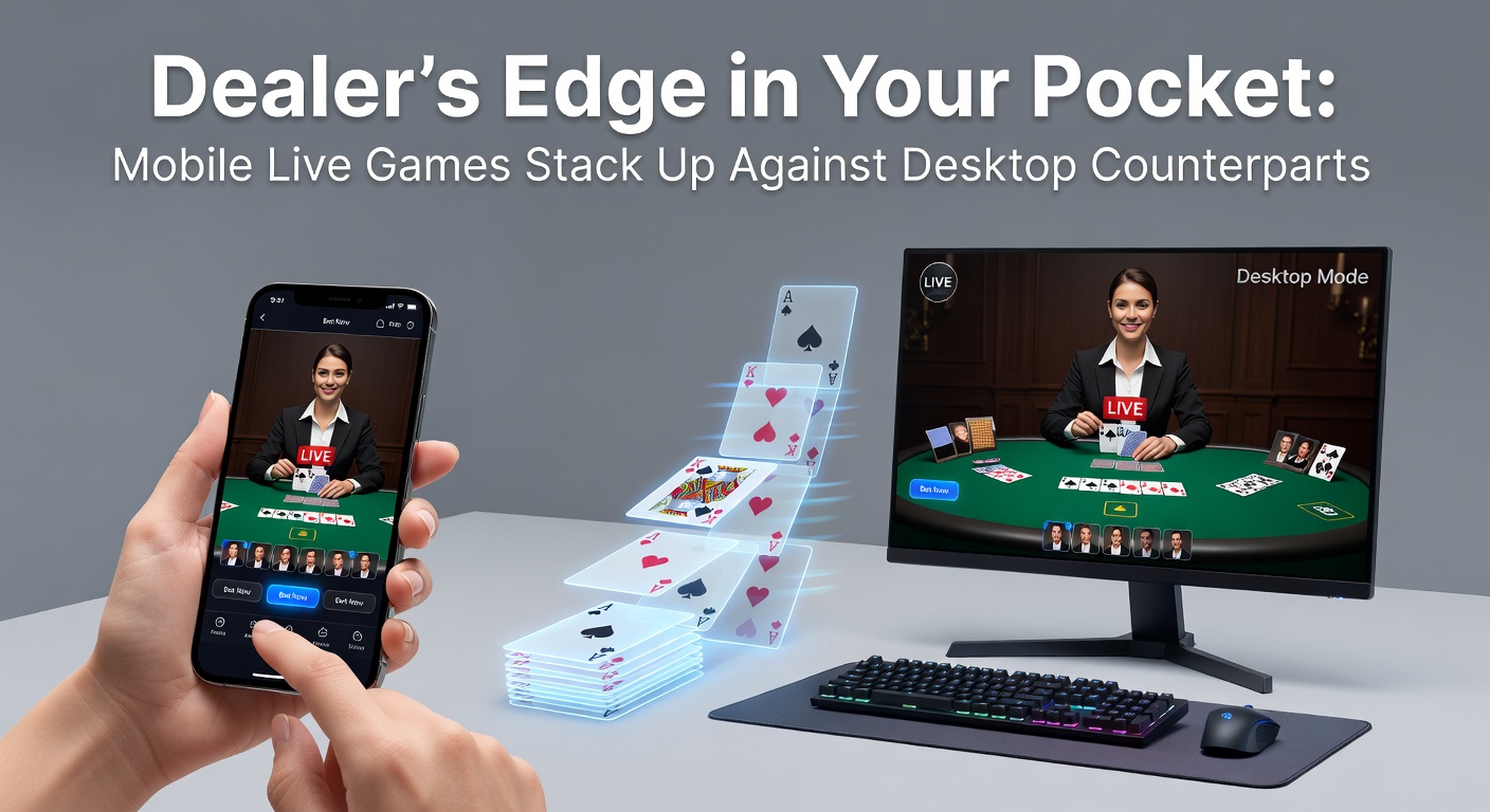 Split-screen comparison of a live blackjack dealer streamed on a smartphone versus a large desktop monitor, highlighting crisp visuals and interactive interfaces on both devices