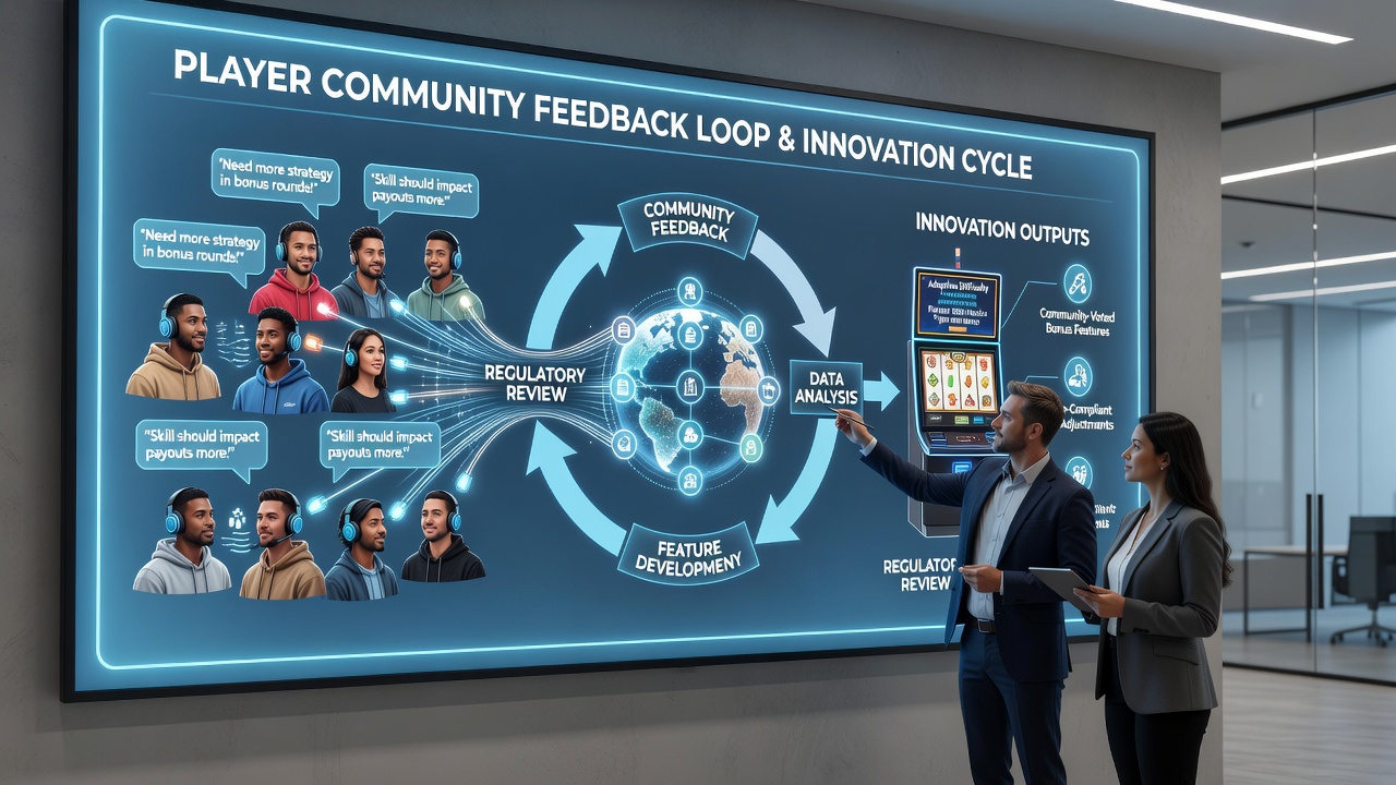 Developers reviewing aggregated player feedback dashboards for slot mechanics