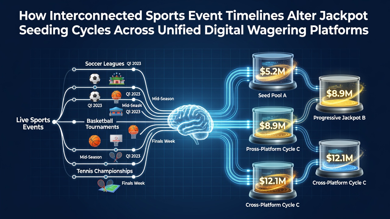 Interconnected sports timelines feeding into unified wagering platform jackpot systems