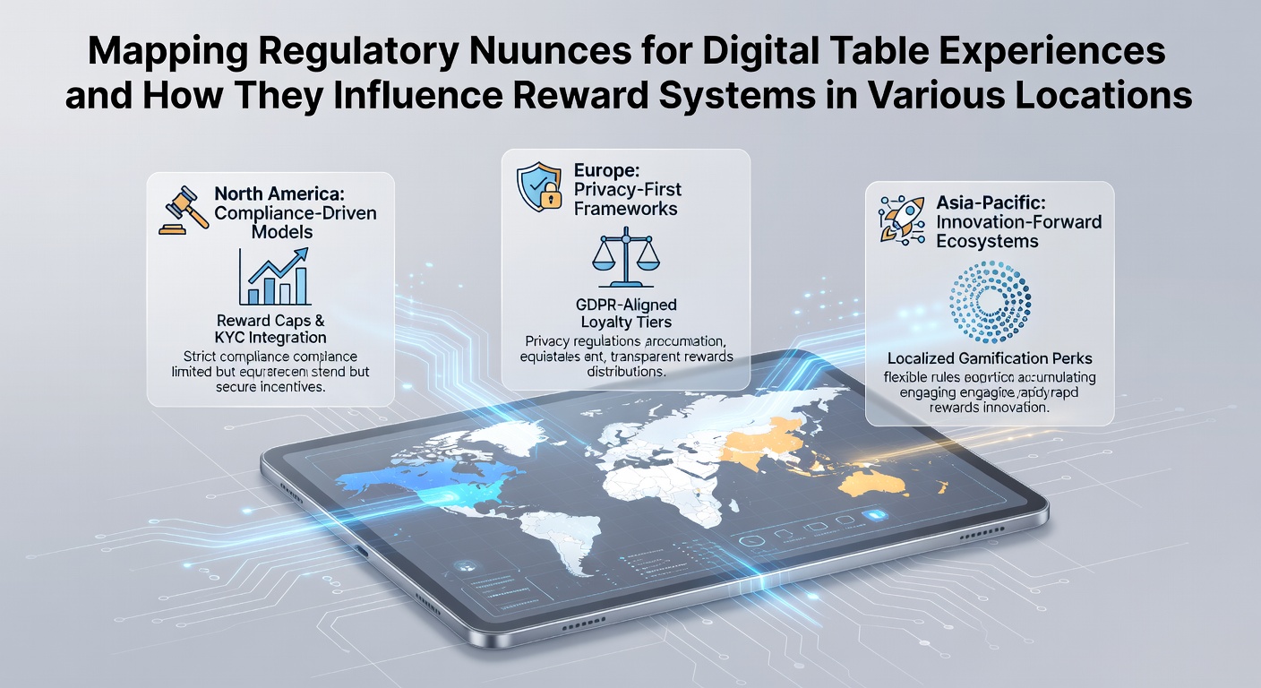 Digital table game interface showing regulatory compliance overlays across different global markets