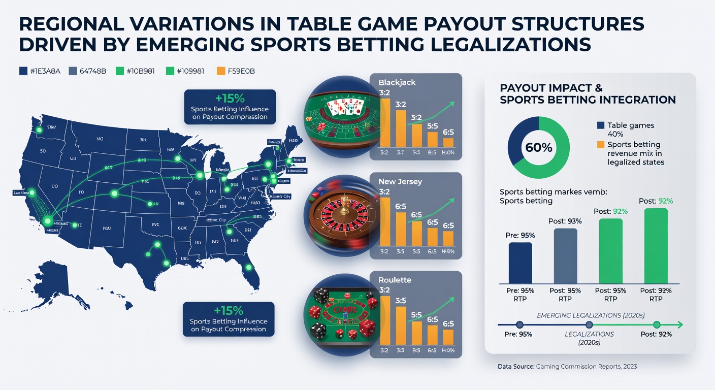 Infographic illustrating payout percentage changes in table games across different global regions after sports betting legalization