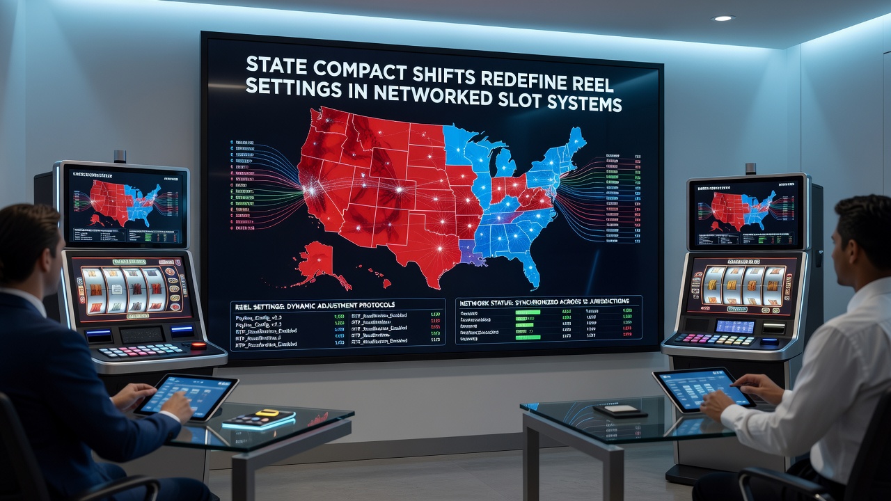 Technicians reviewing reel settings on a central server dashboard for networked slots