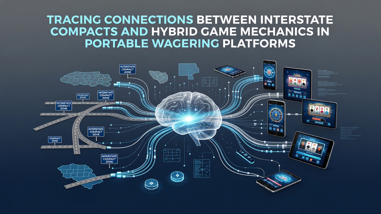 Diagram showing interstate compact agreements linking state regulatory frameworks to mobile wagering app interfaces with hybrid game elements
